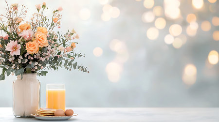Bouquet of flowers in vase with cookies and glass of juice on light background
