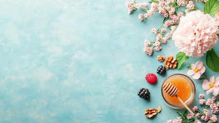 Honey, berries and flowers on blue background. Top view with copy space