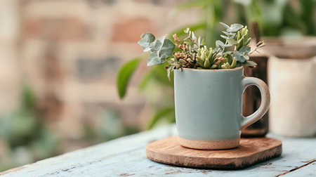 Cup with beautiful eucalyptus plant on wooden tableの写真素材