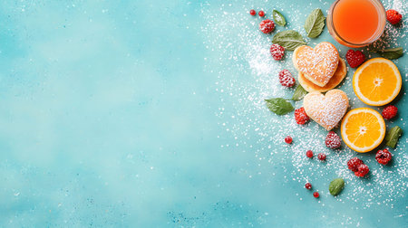 Valentine's day background with heart shaped cookies, orange juice and berries on blue background. Top view with copy space.の写真素材