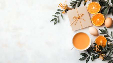 Cup of coffee, gift box, oranges and leaves on white background. Flat lay, top view
