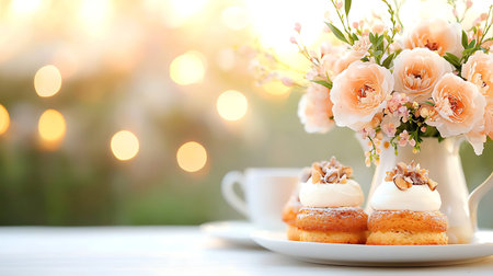 Delicious cupcakes with cream and flowers on table against blurred lightsの写真素材