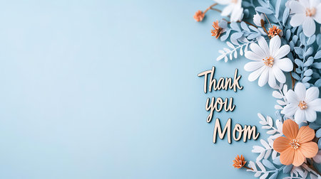 Thank you mom text with blue and white flowers on blue background.の写真素材