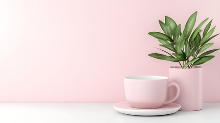 Cup of coffee and plant on a pink background. 3d renderingの写真素材