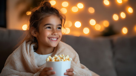happy little girl with popcorn watching movie at home in christmas eveの写真素材