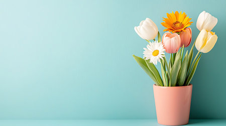 Bouquet of tulips and daisies in vase on turquoise backgroundの写真素材