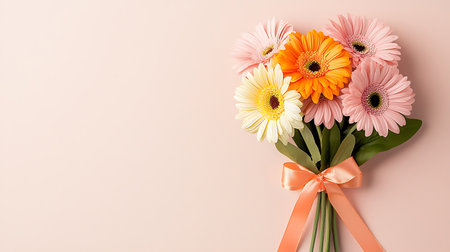 Bouquet of gerbera flowers with ribbon on pink backgroundの写真素材