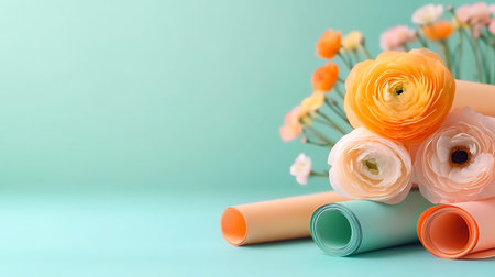 Paper rolls and ranunculus flowers on turquoise background.の写真素材