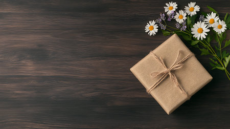 gift box with chamomile flowers on dark wooden background