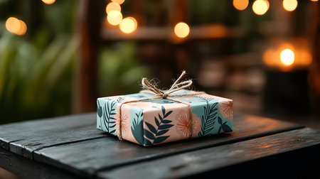 Gift box on a wooden table in a cafe with bokeh backgroundの写真素材