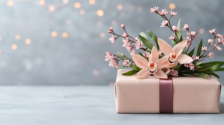 Gift box with pink orchid flowers and bokeh background.の写真素材