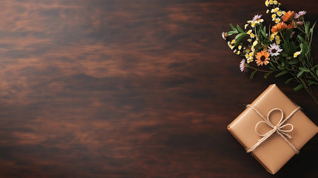 Gift box and flowers on wooden background. Top view with copy space