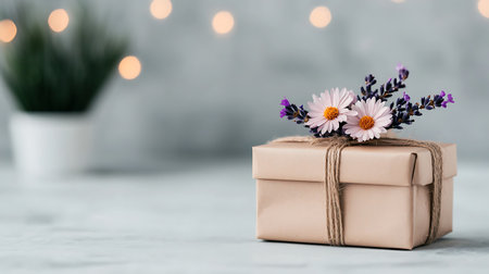 Gift box with lavender flowers on a light background with bokehの写真素材