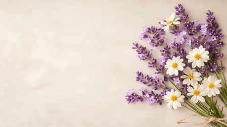 Bouquet of lavender and camomile flowers on a light backgroundの写真素材