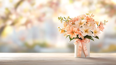 Bouquet of beautiful flowers in vase on wooden table against blurred background