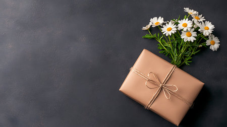 Gift box with chamomile flowers on a dark backgroundの写真素材