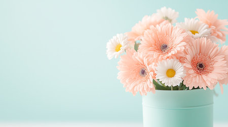 Gerbera flowers in vase on pastel blue background.の写真素材
