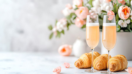 Two glasses of champagne with croissants and flowers on light backgroundの写真素材
