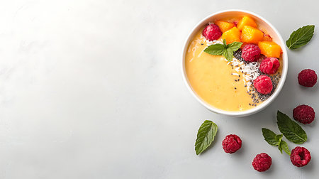 Chia seed pudding with mango, raspberries and chia seeds in a bowl on a light background, top view, copy spaceの写真素材