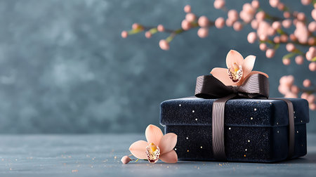 Gift box with orchid flowers on blue background. Copy space.の写真素材