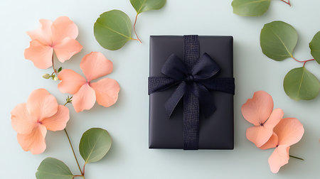 Gift box with a black bow and flowers on a blue backgroundの写真素材