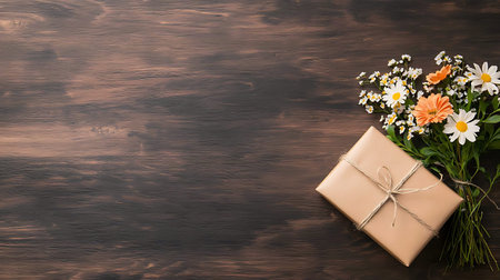 Flowers and gift box on wooden background. Top view with copy spaceの写真素材