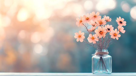 flowers in a glass vase on a wooden table with bokeh backgroundの写真素材