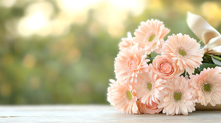 Bouquet of beautiful flowers on white wooden table, closeupの写真素材
