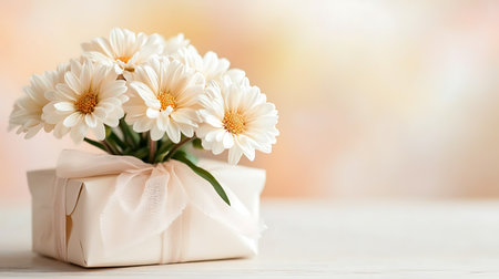 White flowers in a gift box on a light background.の写真素材