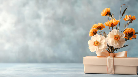 Beautiful bouquet of narcissus flowers with gift box on tableの写真素材