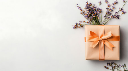 Gift box with orange ribbon and bouquet of lavender flowers on white backgroundの写真素材