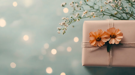 Gift box and flowers on bokeh background with copy spaceの写真素材