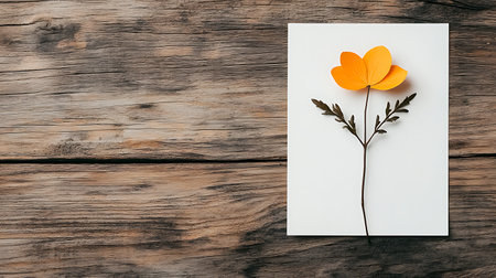 Paper flowers on wooden background. Flat lay, top view, copy spaceの写真素材