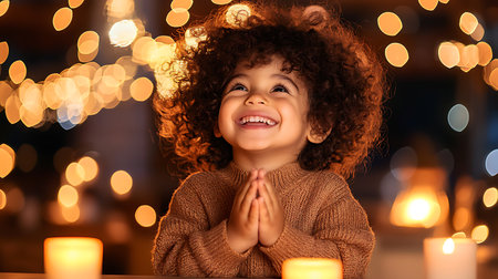happy little girl with closed eyes praying at christmas tree in homeの写真素材