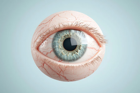 Close up of human eye with blood vessels on blue background. 3D renderingの写真素材