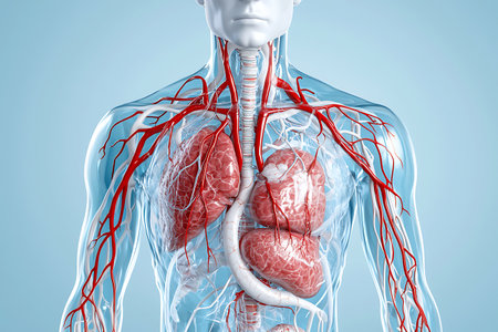 Human body anatomy with circulatory system on blue background. 3D renderingの写真素材