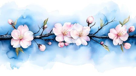 Watercolor cherry blossom branch on blue watercolor background. Hand drawn illustrationの写真素材