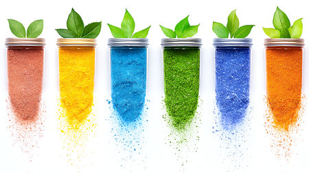 spilled colorful powder in glass jar with green leaves isolated on white backgroundの写真素材