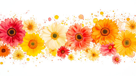 Colorful gerbera flowers isolated on white background with watercolor splashes