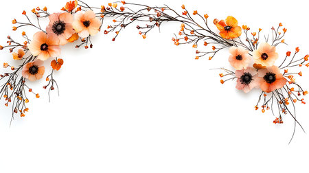 Floral frame with poppies and branches isolated on white backgroundの写真素材