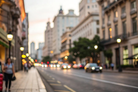 Blurred background of city street with bokeh lights, vintage toneの写真素材