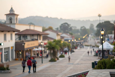 Blurred image of people walking in the street at sunset time.の写真素材