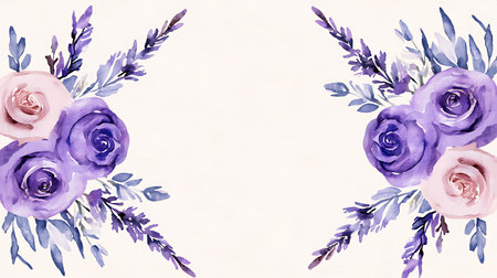 Watercolor floral frame with violet roses and blue leaves. Hand painted illustration.の写真素材