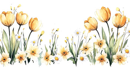 Spring flowers, narcissus, daffodils, watercolor illustrationの写真素材