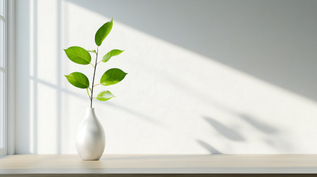 A tranquil scene featuring a single plant in a sleek vase on a minimalist table. Soft sunlight highlights the vibrant green leaves, creating harmony and peace in any interior space.の写真素材