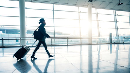 Silhouette of a man walking with a suitcase at the airportの写真素材