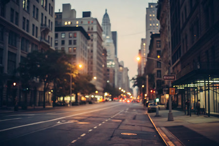 New York City street view at dusk with urban skyscrapers.の写真素材