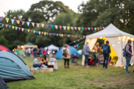 Blurred image of camping tent with people on background at outdoor festival