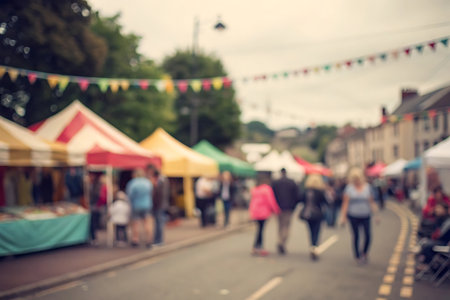Blurred image of people walking and shopping at outdoor flea marketの写真素材