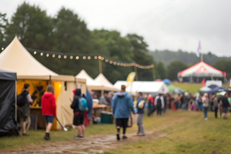 Blurred image of people in front of tents during outdoor festival.の写真素材